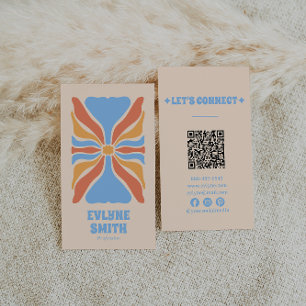 Tarjeta De Visita Naranja azul retro Código QR Resumen floral Groovy