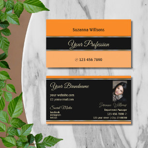 Tarjeta De Visita Naranja Black and Peach Stripes Moderno con foto