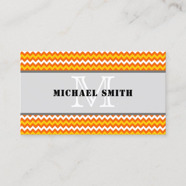 Tarjeta De Visita Naranja Chevron Blanco Amarillo Zigzag Monograma (Anverso)