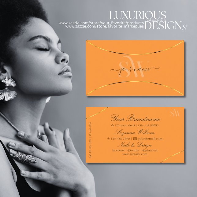 Tarjeta De Visita Naranja con bordes dorados y monograma moderno (Subido por el creador)