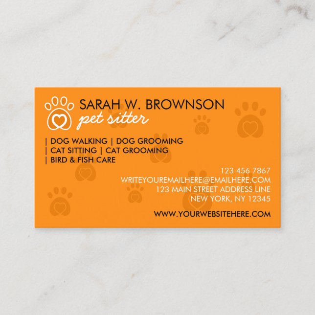 Tarjeta De Visita Naranja Corazón animal en Mascota Paw (Anverso)