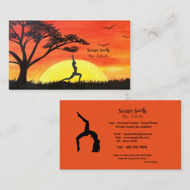 Tarjeta De Visita Naranja  de instrucción de yoga Sunset Yoga Pose (Anverso / Reverso)