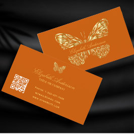 Tarjeta De Visita Naranja de mariposa quemado oro código QR elegante