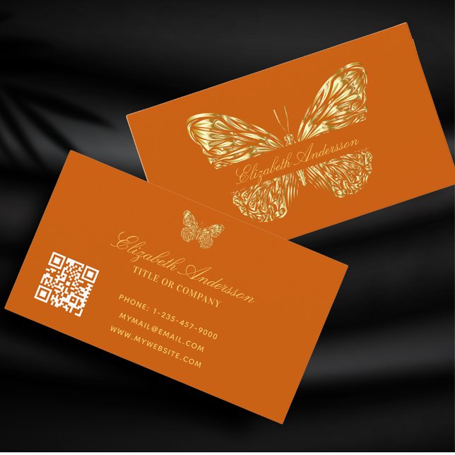 Tarjeta De Visita Naranja de mariposa quemado oro código QR elegante (Subido por el creador)