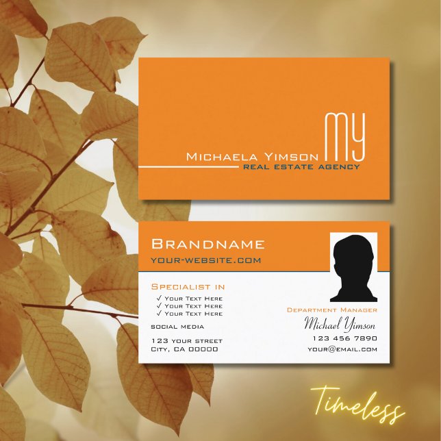 Tarjeta De Visita Naranja de moda blanco simple con monograma y foto (Subido por el creador)