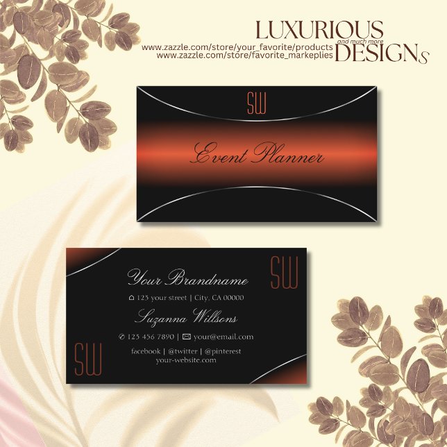 Tarjeta De Visita Naranja de moda negro con borde plateado y monogra (Subido por el creador)