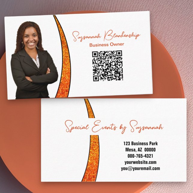 Tarjeta De Visita Naranja de moda Slice Purpurina Personalizado Foto (business card front and back with qr code)