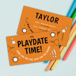 Tarjeta De Visita Naranja divertida, Playdate, mamá y amigos llaman