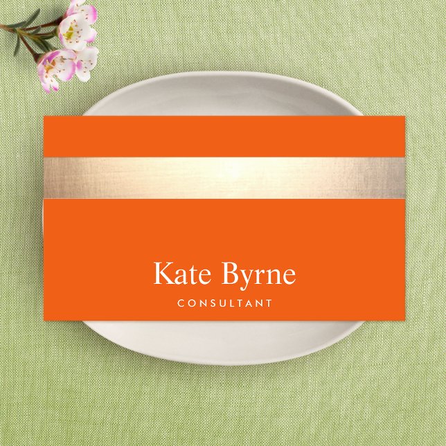 Tarjeta De Visita Naranja elegante moderno con rayas de oro (Subido por el creador)