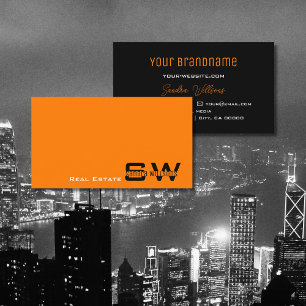 Tarjeta De Visita Naranja elegante negro moderno con monograma simpl
