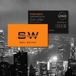 Tarjeta De Visita Naranja elegante negro moderno con monograma y log