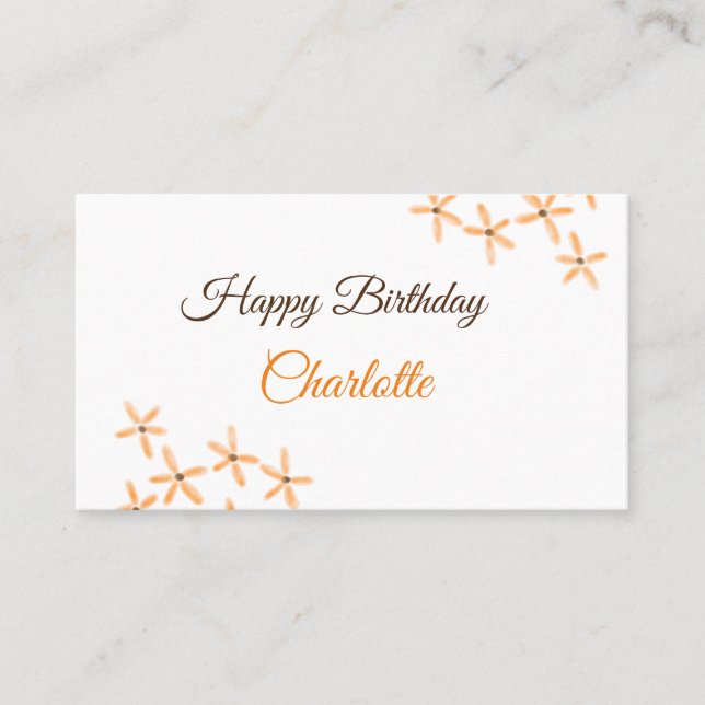 Tarjeta De Visita Naranja flor marrón feliz cumpleaños agregar nombr (Anverso)