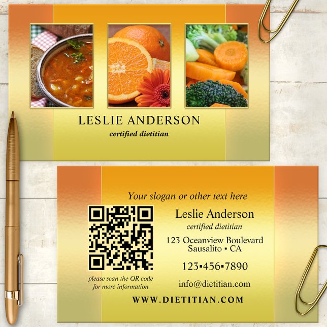 Tarjeta De Visita Naranja Fotos de Oro Código QR nutricionista dieti (Portfolio photo business card showing an orange gold design - nice for a dietitian or nutritionist)