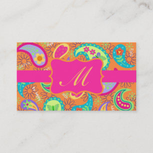 Tarjeta De Visita Naranja Fuchsia Pink Modern Paisley Monograma
