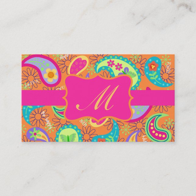 Tarjeta De Visita Naranja Fuchsia Pink Modern Paisley Monograma (Anverso)