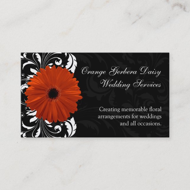 Tarjeta De Visita Naranja Gerbera Daisy con pergamino blanco y negro (Anverso)