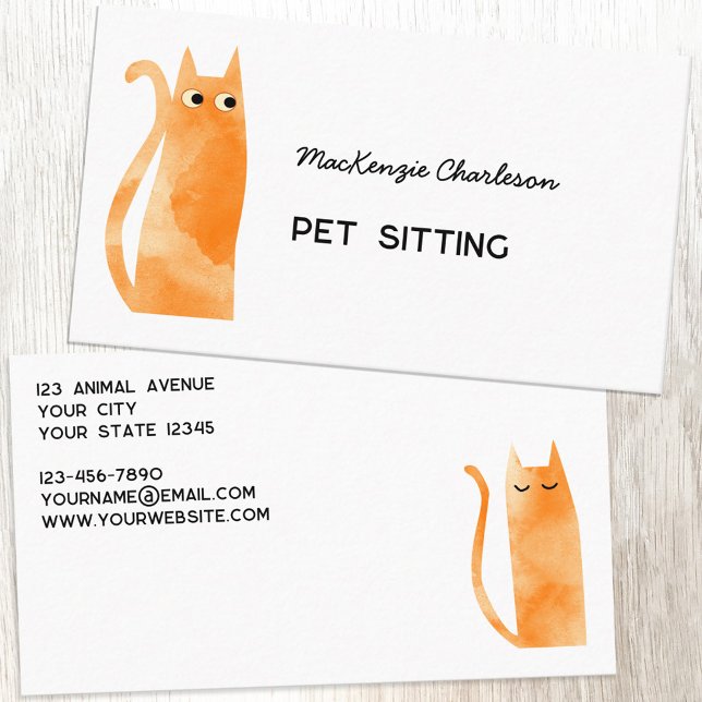 Tarjeta De Visita Naranja Ginger Cat Mascota Sitting (Orange Ginger cat watercolor custom text pet feeding cat sitting business card)