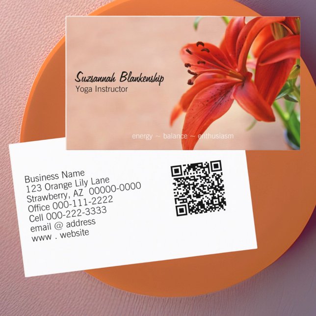 Tarjeta De Visita Naranja Lily Photo Yoga Instructor QR Personalizad (business card front and back design with qr code)