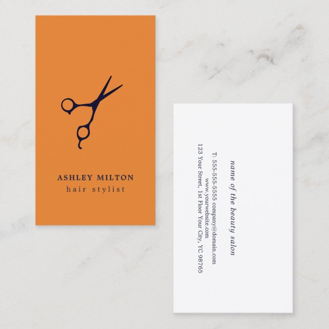 Tarjeta De Visita Naranja mínimo moderno tijeras azules Hairstylist (Anverso / Reverso)