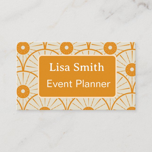 Tarjeta De Visita Naranja Moderno Art deco sun Event Planner (Anverso)