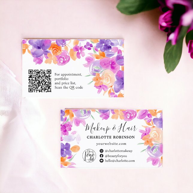 Tarjeta De Visita Naranja morado Boho flores pelo de maquillaje flor (Purple Orange Boho flowers floral makeup hair Business Card)