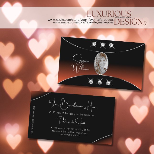 Tarjeta De Visita Naranja negro con diamantes de decoración plateada (Subido por el creador)