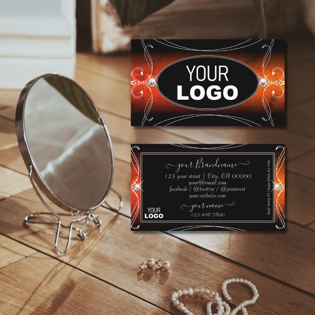 Tarjeta De Visita Naranja negro de lujo Ornate Sparkle Jewels Añadir (Subido por el creador)