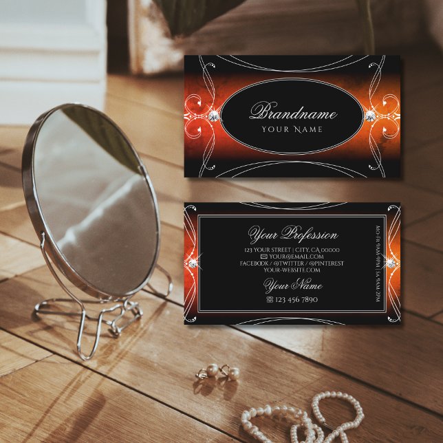 Tarjeta De Visita Naranja negro de lujo Ornate Sparkle Jewels Elegan (Subido por el creador)