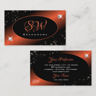 Tarjeta De Visita Naranja negro de lujo Purpurina Stars Jewels Monog