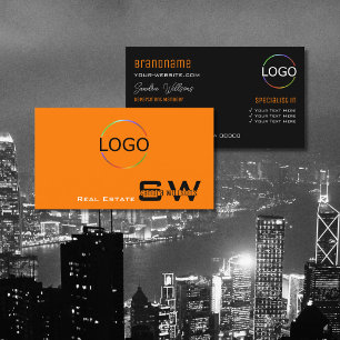 Tarjeta De Visita Naranja negro elegante con monograma y logotipo