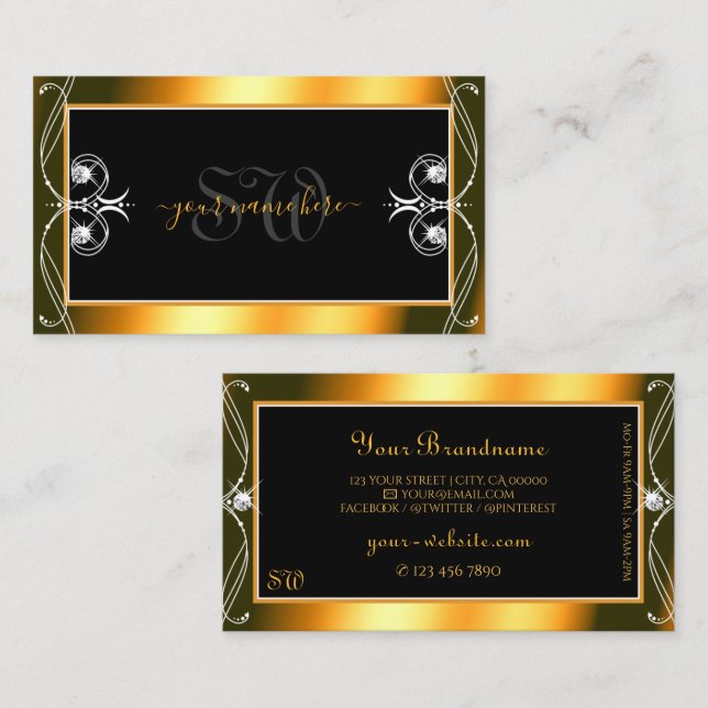 Tarjeta De Visita Naranja negro elegante Monograma de diamantes espu (Anverso / Reverso)