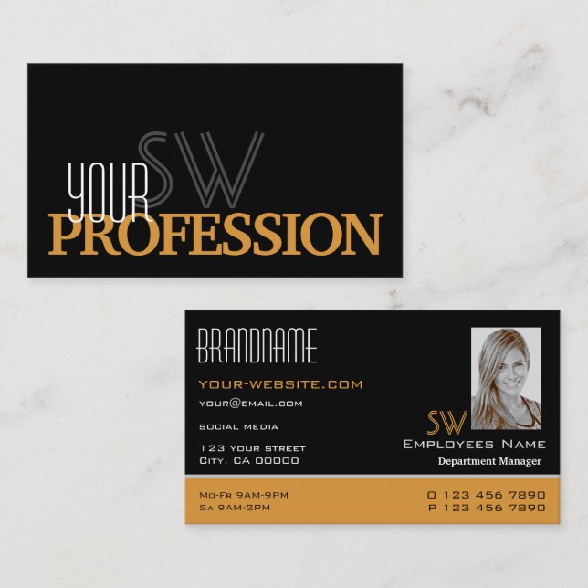 Tarjeta De Visita Naranja negro elegante Monograma simple y foto (Anverso / Reverso)