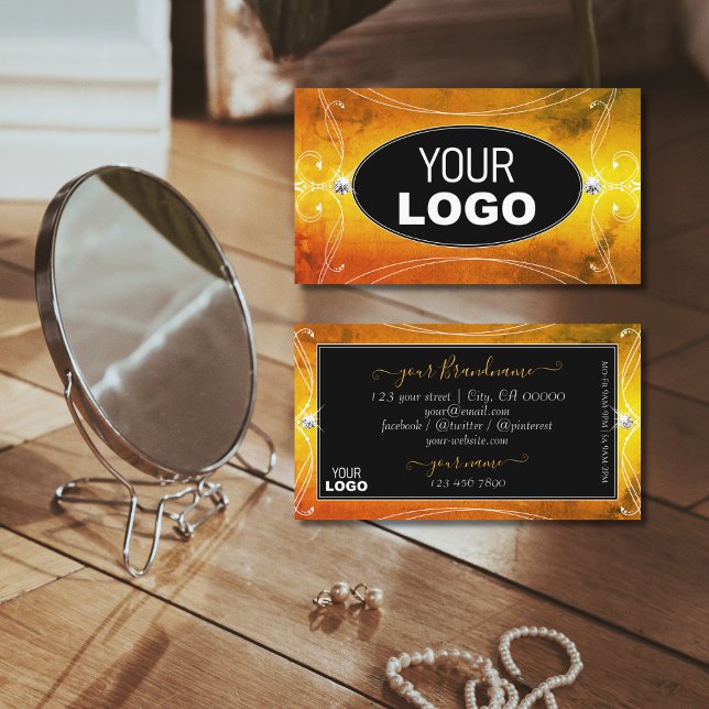 Tarjeta De Visita Naranja negro Ornate esparcen diamantes con logo (Subido por el creador)