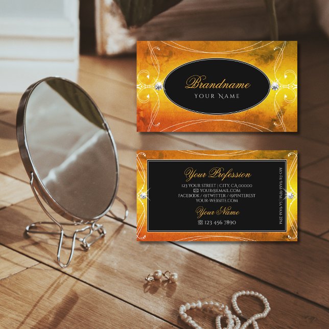 Tarjeta De Visita Naranja negro Ornate Sparkling Diamantes lujosos (Subido por el creador)