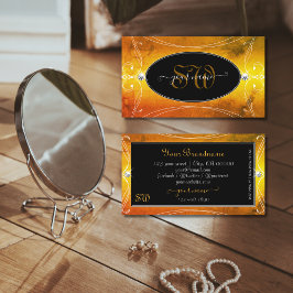 Tarjeta De Visita Naranja negro Ornate Sparkling Diamonds Initials