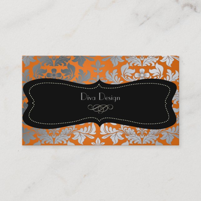 Tarjeta De Visita Naranja/negro quemado de damasco barroco falso pla (Anverso)