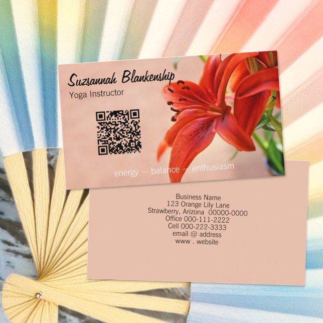 Tarjeta De Visita Naranja Personalizado de fotos  QR Código Instruct (Tiger Lily business card template front and back)