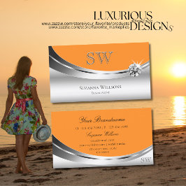 Tarjeta De Visita Naranja plateado moderno con diamante espumoso mon