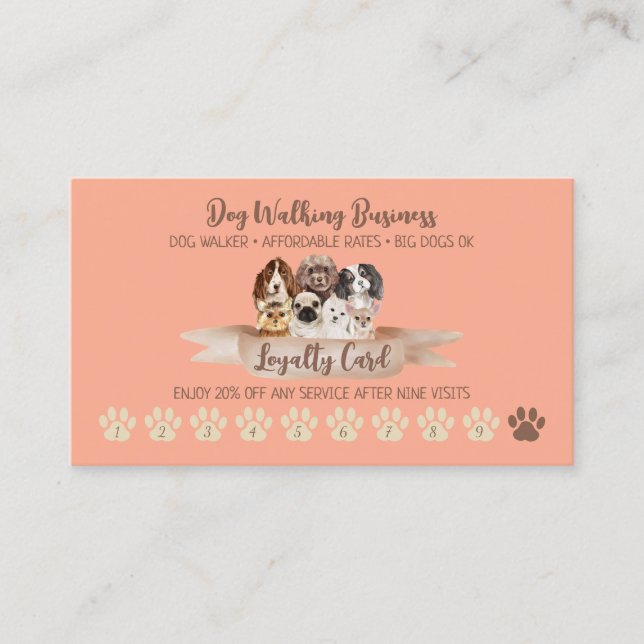 Tarjeta De Visita Naranja Punch Dog Walker Loyalty Discount Paw (Anverso)