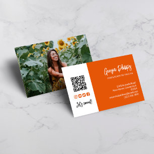 Tarjeta De Visita Naranja quemado Código QR Foto Iconos de medios so