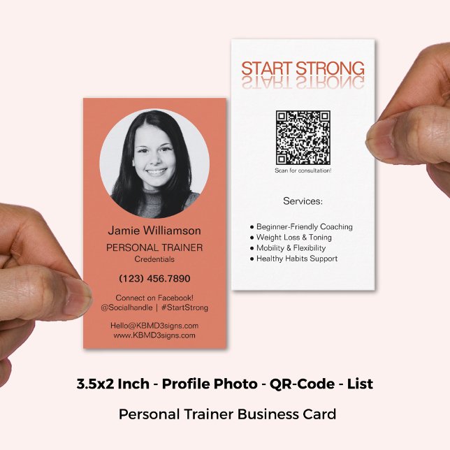 Tarjeta De Visita Naranja quemado White Start Strand Personal Traine (3.5x2 Inch, Burnt Orange White Start Strong Personal Trainer Business Card)