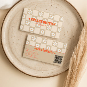Tarjeta De Visita Naranja Retro Beige Código QR Cuadrado Floreado Gr