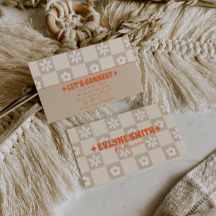 Tarjeta De Visita Naranja Retro Beige Cuadros Floral Groovy Boho