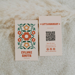 Tarjeta De Visita Naranja retro Código QR verde Groovy Floral Boho