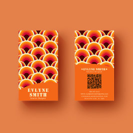 Tarjeta De Visita Naranja retro Groovy Código QR 70 Boho Único
