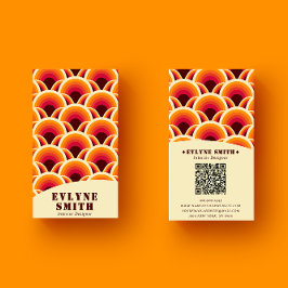 Tarjeta De Visita Naranja Retro Groovy Código QR Boho Geométrico 70