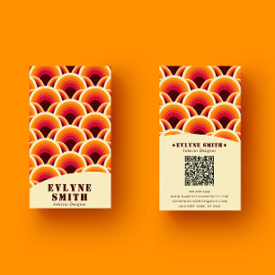 Tarjeta De Visita Naranja Retro Groovy Código QR Boho Geométrico 70