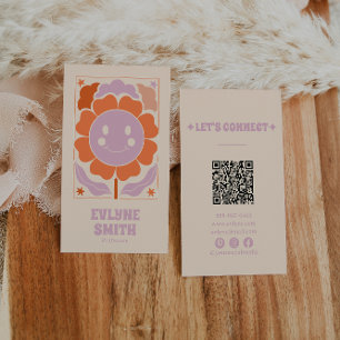 Tarjeta De Visita Naranja retro púrpura QR Código Flor sonriente Gro