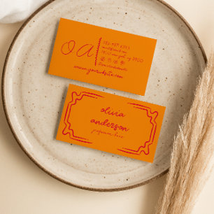 Tarjeta De Visita Naranja Retro Rojo Escrito A Mano Con Giro Único