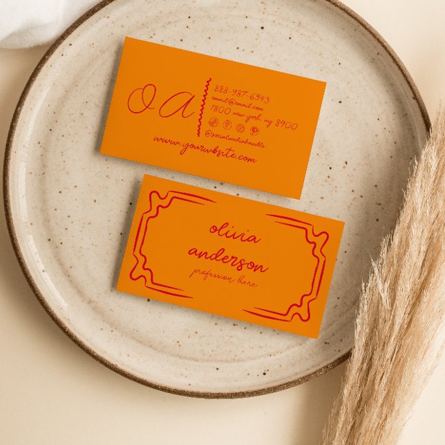 Tarjeta De Visita Naranja Retro Rojo Escrito A Mano Con Giro Único (Subido por el creador)